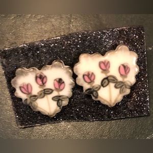 Vintage Porcelain Rose Heart Earrings